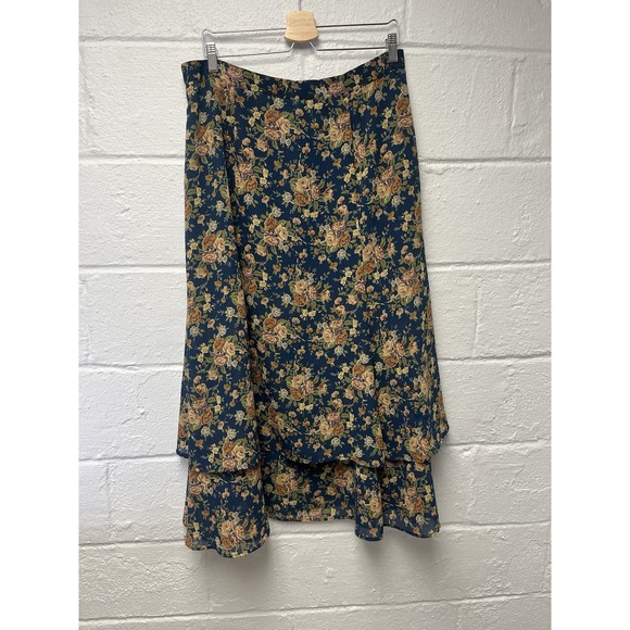 Vtg Liz Claiborne LizSport Blue Floral Maxi Skirt sz 16 Rose Tiered‎ 90s Fairy - Picture 7 of 10